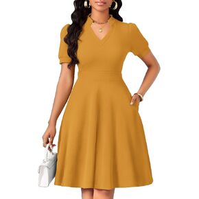 Womens Casual Summer Dresses Short Puff Sleeve V Neck A Line Wedding Guest Midi Dresses with Pockets