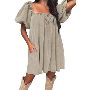 EXLURA Womens Summer Denim Short Puff Sleeve Dresses Knit Loose Plus Size Short Mini Dress 2025 Trendy Outfit