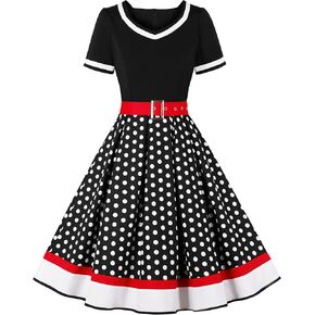 Nihsatin Vintage 1950s Retro Rockabilly Swing Dress Polka Dots Cocktail Dress with Belt