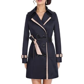 Lu's Chic Women's Trench Coat Contrast Color Double Breasted Jacket Fashion Dressy Overcoat Belted Slim Fit Outerwear Coat