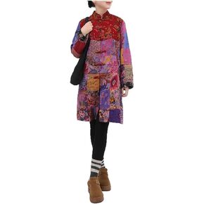 Women's Trench Coat Floral Print Mid-Long Cotton Linen Jacke Cottagecore Clothing Patchwork Outwear Bohemian