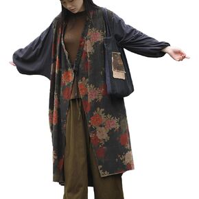 2025 Women's Vintage Style Corduroy Long Trench Coat Kimono Collar Jacket Bohemian printed patchwork cardigan