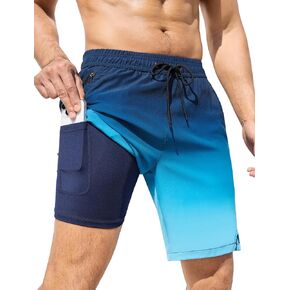 SILKWORLD Mens Swim Trunks with Compression Liner Quick Dry Bathing Suits 9 Inch Swimming Shorts with Zipper Pockets,Blue Gradient,Large
