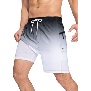 SILKWORLD Men Swim Trunks with Compression Liner 7" Bathing Suits Quick Dry Swimming Shorts with Zipper Pocket