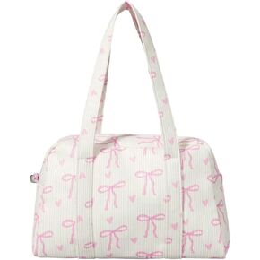 Women's Y2K Corduroy Bow Print Shoulder Bag Heart Zipper Double Handle Underarm Preppy Uniform Bags
