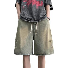 Hetdevi Mens Star Denim Shorts High Waist Baggy Straight Leg Unisex Jeans Hip-Hop Streetwear Drawstring Shorts Jorts Y2k(Yellow,L)