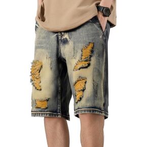 Men Denim Shorts Classic Fit Knee Length Pants Summer Ripped Fashion Distressed Washed Jeans Cargo Short Pant with Pockets