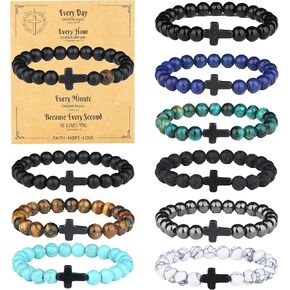 SONNYX 10PCS Religious Cross Beaded Bracelets for Men Adjustable Stretchy 8MM Natural Stone Bead Christian Gifts Faith Based Jewelry Jesus Bracelet