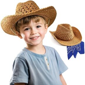 SeptCity Kids Cowboy Hat, Straw Summer Beach Sun Hats and Bandana for Toddlers 2-5 Cool Cowboy Cowgirl Farmer Cosplay Accessories for Halloween Birthday Western Parties