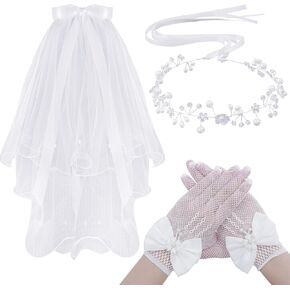 3 Pcs First Communion Veil Set Gloves Headpiece for Girls 1st Holy Communion Accessories for Wedding Party Costume