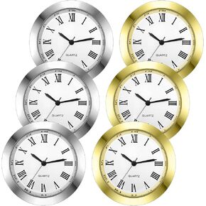 Outus 6 Pack Mini Clock Insert 1.5 Inch (37 mm) Replacement Round Quartz Movement Clock Faces for Crafts White Dial Gold Silver Tone Bezel with Roman Numerals Fit 1.4 Inch Diameter Hole