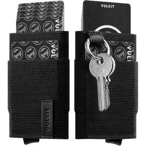 VULKIT Card Holder with Elastic Pocket and Keychain, Minimalist Slim Pop up Credit Card Wallet RFID Blocking for Men and Women Black