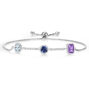 Gem Stone King Keren Hanan 3 Stone Created Moissanite 925 Sterling Silver Bracelet For Women Aquamarine Created Sapphire and Amethyst (1.95 Cttw, Fully Adjustable)