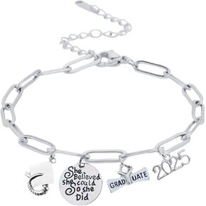 Infinity Collection Silver Stainless Steel Graduation Charm Bracelet – Adjustable Chain with She Believed She Could, Cap, Graduate & 2025 Charms – Gift for Graduates, Seniors & College Students