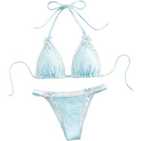 Milumia Women's Lace Trim Bow Tie Bikini Set Triangle Halter Cheeky 2 Piece Swimsuit