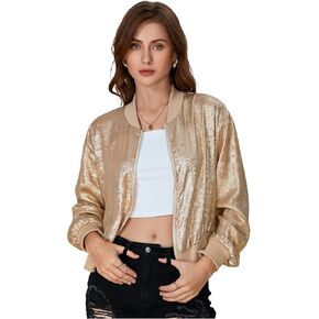 SOLY HUX Women's Metallic Jacket Zip Up Long Sleeve Lightweight Outerwear Bomber Jackets