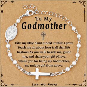 Catholic Bracelets Gifts for Women Girls, Pearl Rosary Beads Virgin Mary Cross Charm Bracelet Confirmation First Communion Baptism Religious Christian Jewelry Gift