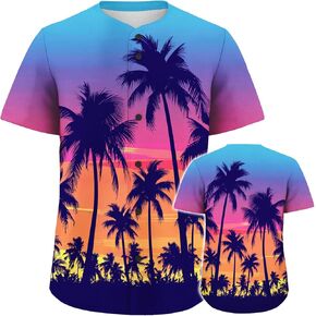 Hawaiian Baseball Jersey, Palm Tree, Coconut Tree and Beach Tropical Pattern Printed, Summer Hawaiian Shirt for Men Women