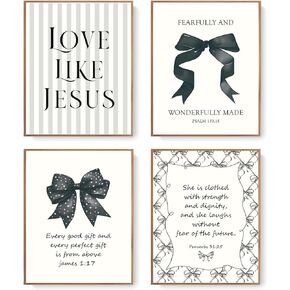 LARTSFRO Coquette Blue Bow Jesus Wall Art Decor Posters, Light Blue Bow Room Bedroom Bathroom Wall Art Decor Aesthetic for Teen Girls Gifts, Inspirational Bible Verses Bow Wall Decor, 10x8 Inch Set of 4 Unframed Bow Pictures