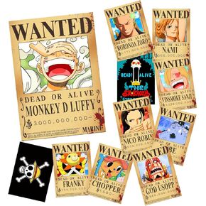 FIDRTH 11 PCS Anime [OP] Wanted Bounty Posters 11×15 IN, Nika Luffy 3 billion Updated Bounty Edition, 10 Straw Hat Pirates Crew Zoro, Sanji, 1 PC [OP] Flag