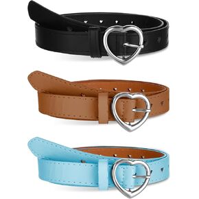 3 Pcs Girls Belt Size 3-12 Kids PU Leather Waist Hollow Heart Design Kids Belts for Girls Dress Pants Jean(Black, Brown, Pink)
