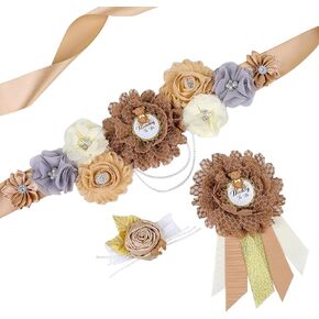 Ivory Handmade Maternity Flower Sash Belt with Badge Set Pregnant Women Waisband Belt Mom to Be Sash Photography