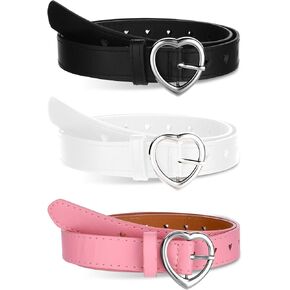3 Pcs Girls Belt Size 3-12 Kids PU Leather Waist Hollow Heart Design Kids Belts for Girls Dress Pants Jean(Black, White, Pink)