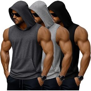 3 Pack Men's Big & Tall Workout Hooded Tank Tops, Cotton Sleeveless Gym Hoodies Bodybuilding Muscle Cut Off Shirts