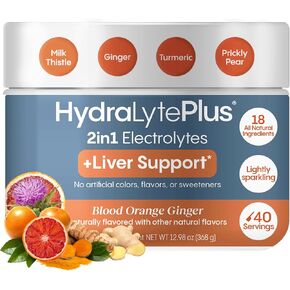دعم الكبد Hydralyte + مزيج كهربائي مع شوك الحليب ، الكركم ، الزنجبيل ، الكمثرى الشائكة ، مستخلص الشاي الأخضر المتمثل
