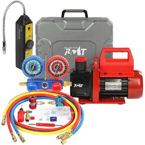 PB Motor Tech Vacuum Pump & Gauge Set - 4.5 CFM مضخة مع مقياس من مشعب الألومنيوم 3 طرق ، مع كاشف التسرب وعلبة تخزين PVC - لصيانة R134A ، R410A ، R22 ، R404A مبردات وصيانة AC