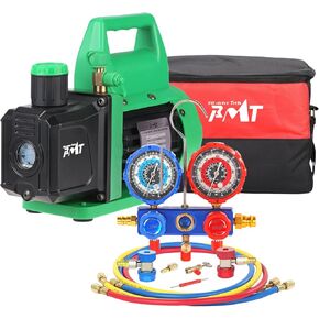 PB Motor Tech Vacuum Pump & Gauge Set - 4.5 CFM Pump w/Aluminum Manifold Gauge, Quick Couplers, 410 Adapter, Can Tap Tool & Carrying Tote, for R134A, R410A, R22, R404A Refrigerants & A/C Maintenance