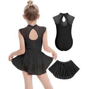 JiAmy Girls Ballet Leotards Toddler Dance Outfit Cutout Back Lace Dress Combo with Removable Skirt 5-12 Years