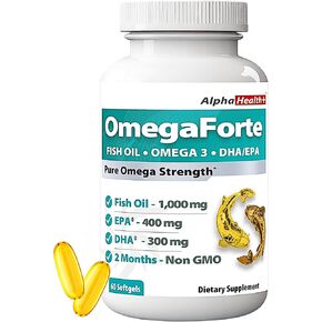 OmegaForte 1 a Day Omega-3 Fish Oil 2 Month, Extra Strength: 1000 mg Fish Oil/Omega-3, 400 mg EPA & 300 mg DHA. Support Heart, Brain & Eye Health. Purified, no Fish Smell, 60 softgels