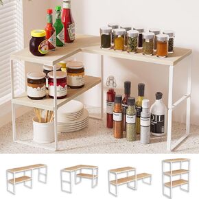Large Countertop Organizer Corner Shelf, 2 Tier Adjustable Stackable Corner Shelves for Kitchen, Bathroom, Spice Rack, Coffee Area, Over Sink, Dresser Table, Corner Counter Shelf Stand, Rustic Brown