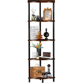 5Tier Wood Corner Shelf Stand: Corner Tall Corner Whost Whisleshelpress منظم لغرفة المعيشة/غرفة النوم/الحمام/المطبخ/المكتب المنزلي ، أرفف زاوية عرض للمساحة الصغيرة ، Esquineros de Rustic Brown De