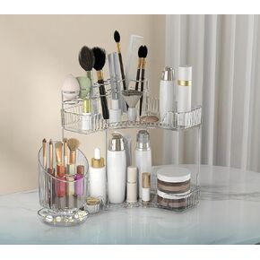 2-Tier Makeup Organizer with Brush Holder—Corner Bathroom Organizer Countertop Storage for Skincare, Perfume & Cosmetics—Space-Saving Acrylic Vanity Bathroom Countertop Organizer