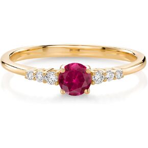 Gem Stone King 10K Yellow Gold Red Created Ruby and White Lab Grown Diamond Engagement Ring For Women (0.34 Cttw, Round 4MM, Gemstone July Birthstone, Available In Size 5, 6, 7, 8, 9)