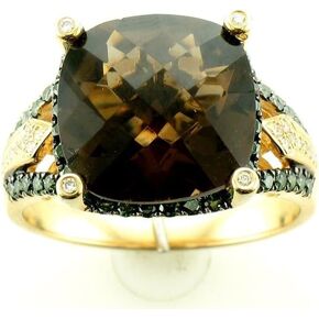 LE VIAN 1/2 Carat White and Green Diamond Statement Ring for Women | 14k Yellow Gold Ring for Her with 5 2/5 Carat Cushion Cut Smoky Quarts (G-H/Green, VS2-SI1, 0.46 cttw) Promise Wedding Band Size 7