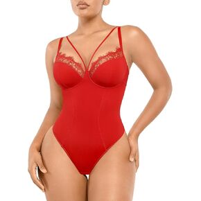 SHAPELLX Women's Shapewear Bodysuit Tummy Control Body Shaper Lace Sculpting Snatched Waist Body Suit V Neck Thong Bodysuit