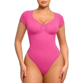 FeelinGirl Short Sleeve Bodysuit for Women V Neck Tummy Control Shapewear Seamless Thong Body Suits Tops