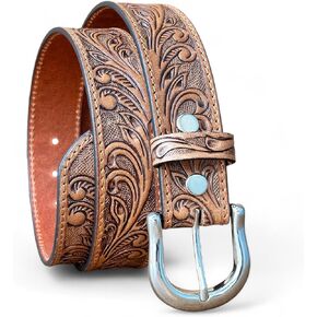 حزام Daniel's Artplanet Western Leather للرجال حزام جلدي واحد قطعة واحدة مع مشبك مصنوع يدويًا محفورًا 1.5 "