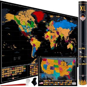 XL Scratch Off World Map with 233 Flags – 36 x 24 Scratch Off Map of The World + Scratch Off USA Map – Easy to Frame World Scratch Off Map + Tools – Travel Map Wall Poster - Deluxe Gift for Travelers
