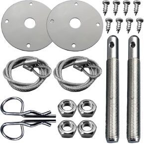 Car Hood Pin Kit, Stainless Steel Engine Hood Pin Plate, Bonnet Lock Clip, with Racing Lanyard, Fits Most Cars Truck SUV, Silver