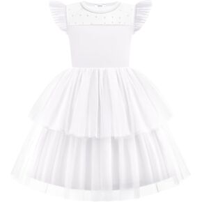 Arshiner Toddler Girls Tutu Sundress Shuffle Sleeve مزدوج الفساتين الصيفية Tulle Tulle للأطفال 2-8Y