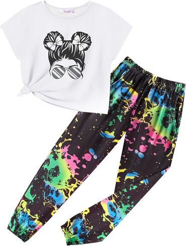 Arshiner Girls Clothes 2 Piece Summer Outfits Drop Shoulder Top Pullover Sweatpants Jogger Set Sweatsuits Tracksuits 6-14Y in Kuwait