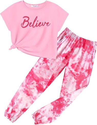 Arshiner Girls Clothes 2 Piece Summer Outfits Drop Shoulder Top Pullover Sweatpants Jogger Set Sweatsuits Tracksuits 6-14Y in Kuwait