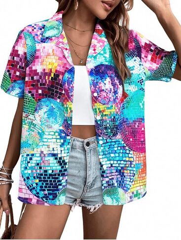 80s 90s Outfits for Women Disco Outfit Neon Shirts Retro Themed Party Hawaiian Button Down Short Sleeve Blouse Tops in Saudi Arabia