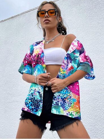 80s 90s Outfits for Women Disco Outfit Neon Shirts Retro Themed Party Hawaiian Button Down Short Sleeve Blouse Tops in Saudi Arabia