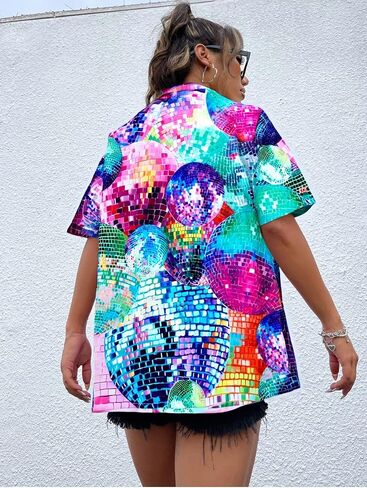80s 90s Outfits for Women Disco Outfit Neon Shirts Retro Themed Party Hawaiian Button Down Short Sleeve Blouse Tops in Saudi Arabia