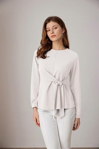 GRACE KARIN 2024 Women's Elegant Peplum Tops Tie Front Long Sleeve Shirts Dressy Casual Blouses Work Tunic Tops in Saudi Arabia